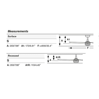 Plano con medidas de Ventilador de Techo Empotrado Mini Punt S 90 cm FARO - Negro, LED 10W CCT, Mando a distancia · Ref. 33822R1S