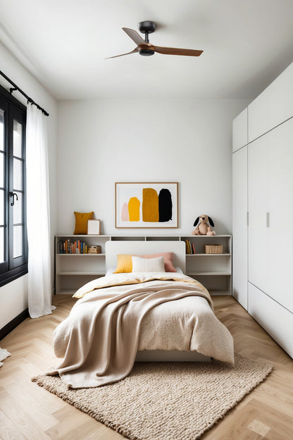 Ventilador MINI PUNT S fabricado en Acero color Nogal, ideal para habitaciones pequeñas