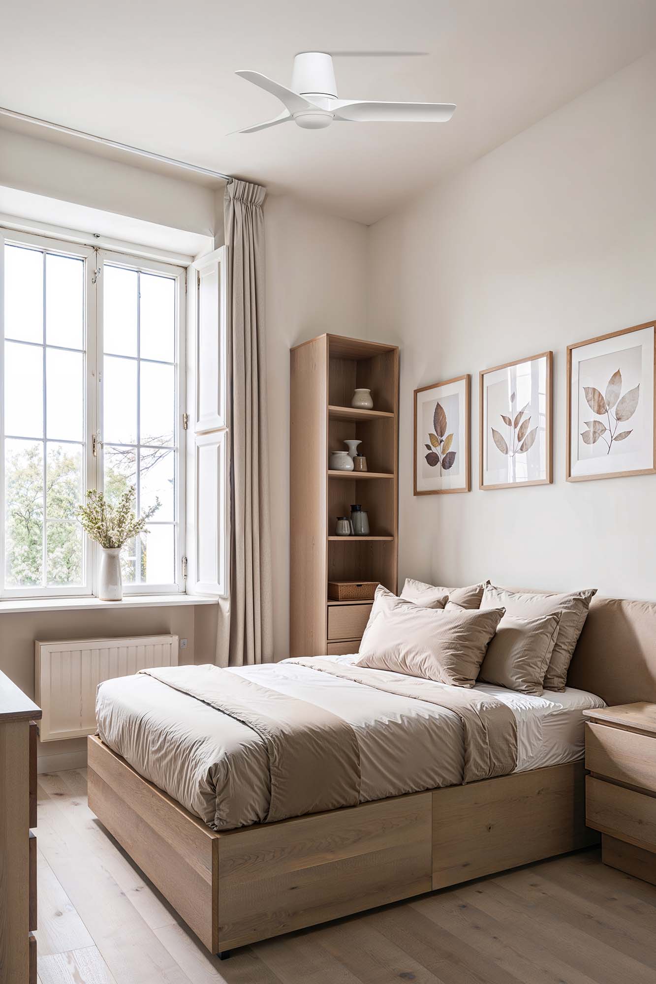 Ventilador de techo LED Faro Hey Tub LED S 33826WT-1TW, serie 3330. Diseño moderno blanco/madera, iluminación regulable, motor DC silencioso, control inteligente Tuya.  Luzguru.
