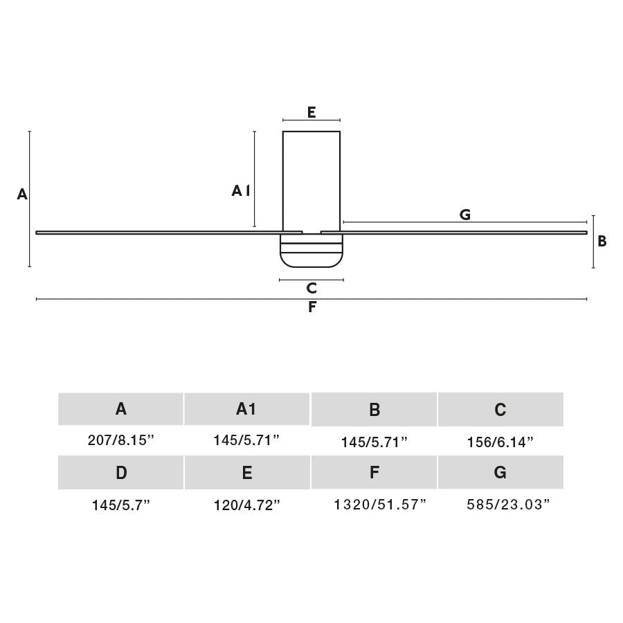 Plano con medidas de Ventilador de Techo Punt Tub M 132 cm FARO - Blanco/Arce, Sin luz, Mando + Tuya (app y voz) · Ref. 33829WT