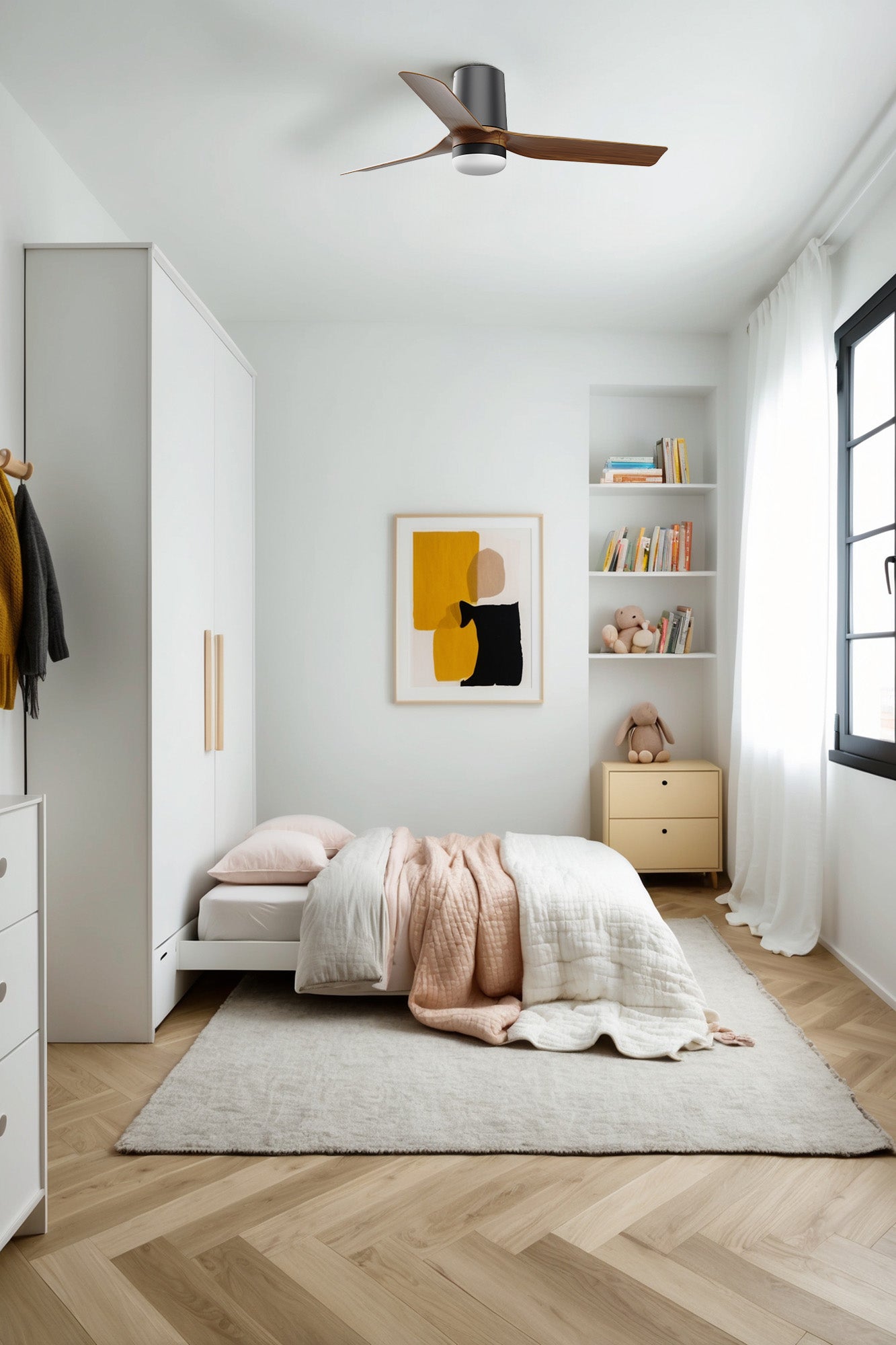 Ventilador de techo LED FARO MINI PUNT TUB S (33835-1TW) - Diseño moderno negro/nogal, ideal para habitaciones de hasta 13m².  Incluye luz LED regulable en 3 tonos (2700K-6000K), 6 velocidades y mando a distancia. Serie 3319.
