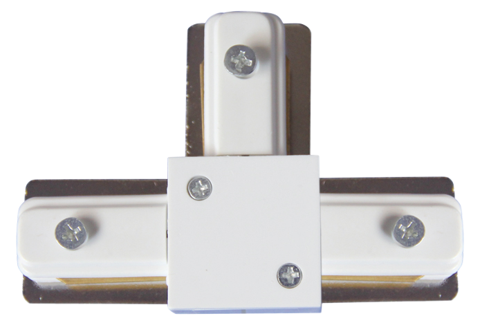 Conector en T blanco de dos hilos para focos de carril Fabrilamp. Ideal para instalaciones de iluminación interior.