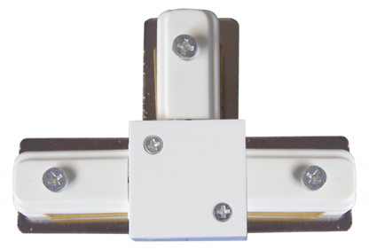 Conector en T blanco de dos hilos para focos de carril Fabrilamp. Ideal para instalaciones de iluminación interior.