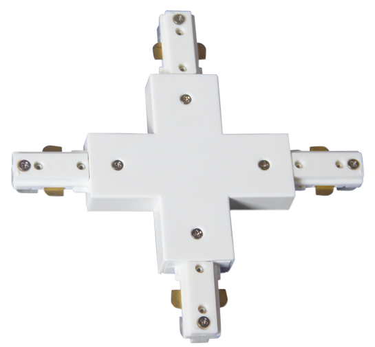 Conector en X blanco de dos hilos para focos de carril Fabrilamp. Conexión sencilla para cuatro carriles.