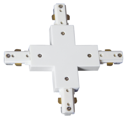 Conector en X blanco de dos hilos para focos de carril Fabrilamp. Conexión sencilla para cuatro carriles.