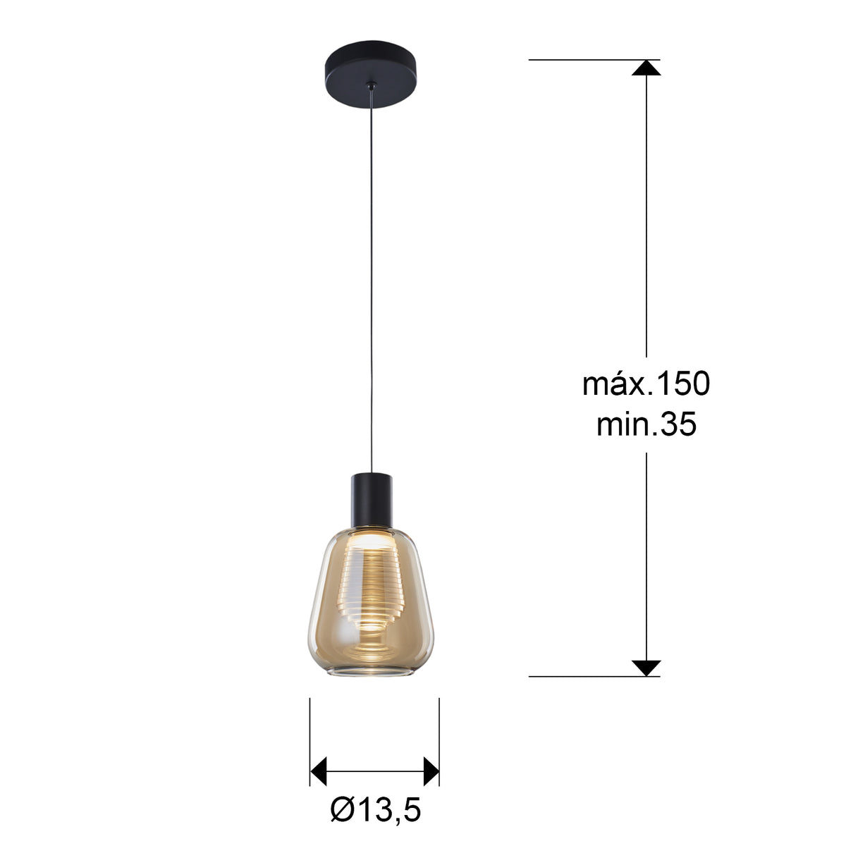 Plano con medidas de Lámpara Colgante Carisa 5W LED Negro Mate y Cristal Ámbar Schuller