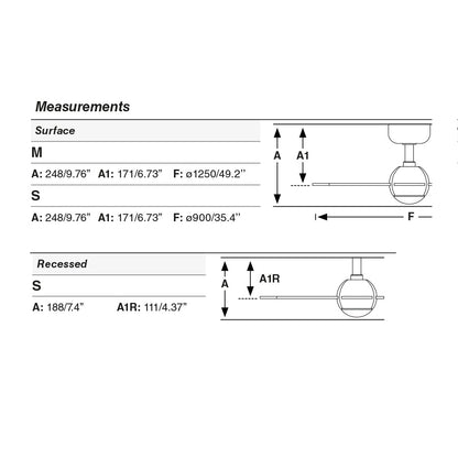 Plano con medidas de Ventilador de Techo Empotrado Sfera S 900 cm Blanco Mate FARO