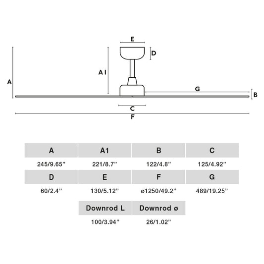 Plano con medidas de Ventilador de Techo MARINE M 125 cm Blanco IP44 Tuya FARO