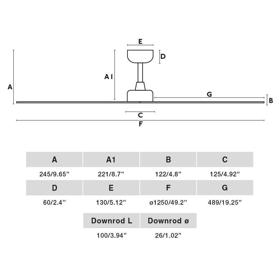 Plano con medidas de Ventilador de Techo Marine M 125 cm FARO - Marrón, Mando + Tuya (app y voz) · Ref. 34275WT