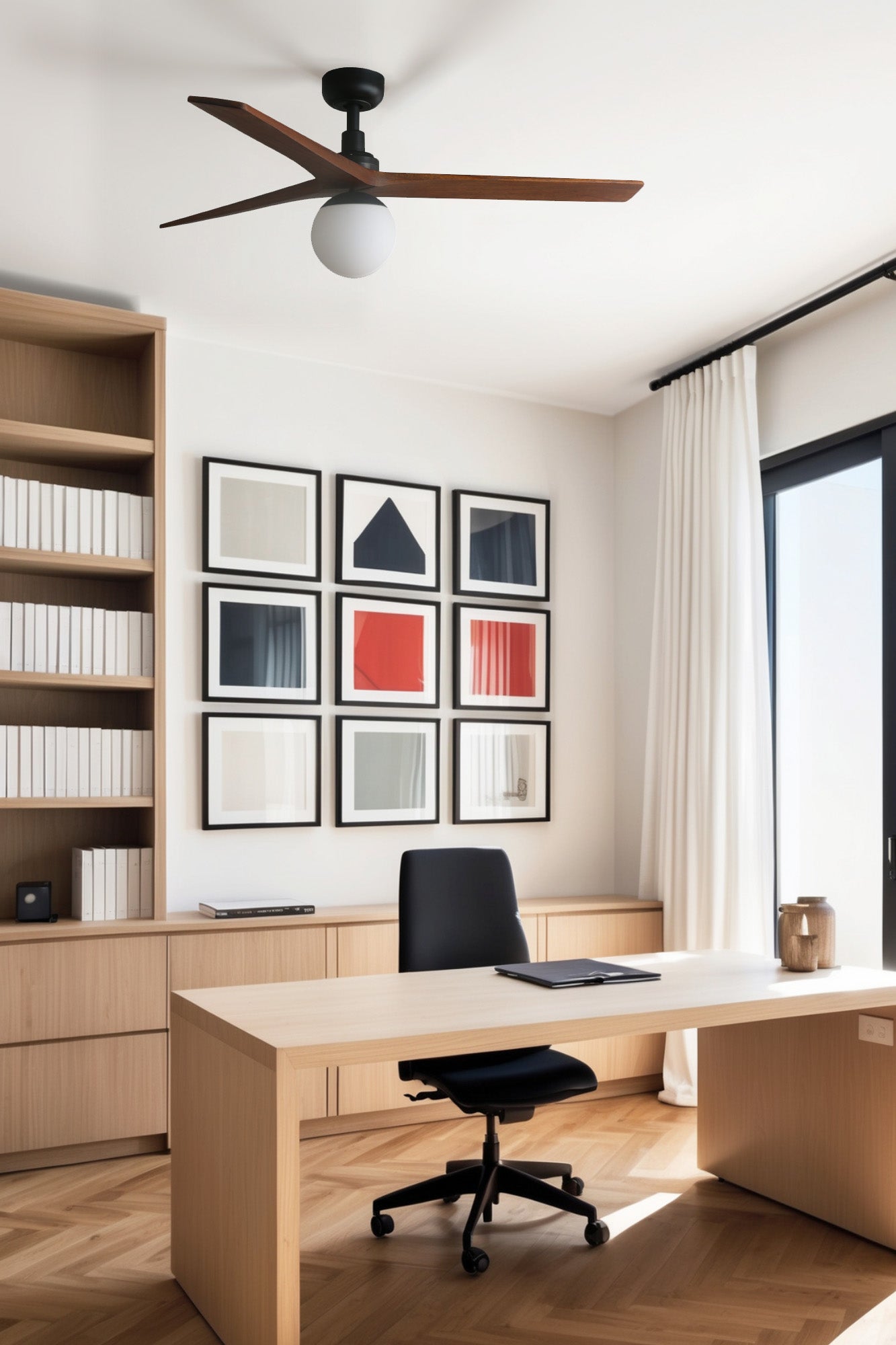 Ventilador de techo FARO KLIM M (34277WT-11L) - Diseño elegante negro/nogal, con luz E27 y sistema TUYA inteligente.
