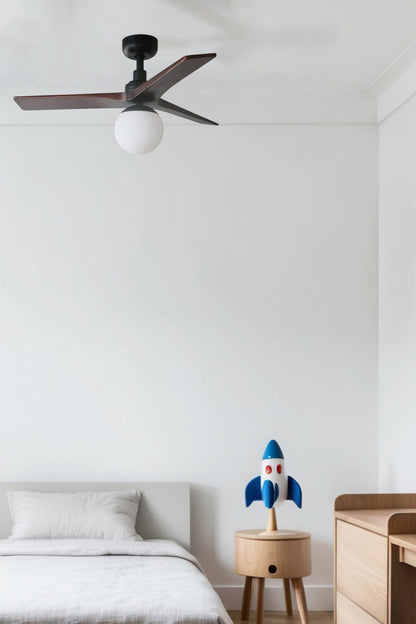 Ventilador de techo FARO KLIM S 34278WT-11L, diseño elegante negro/nogal, serie 3429, con luz E27 y sistema TUYA.
