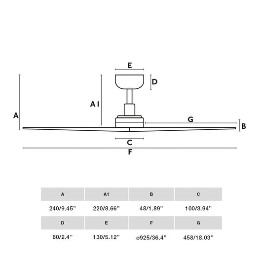 Plano con medidas de Ventilador de Techo KLIM S TUYA 92 cm Blanco y Pino Faro
