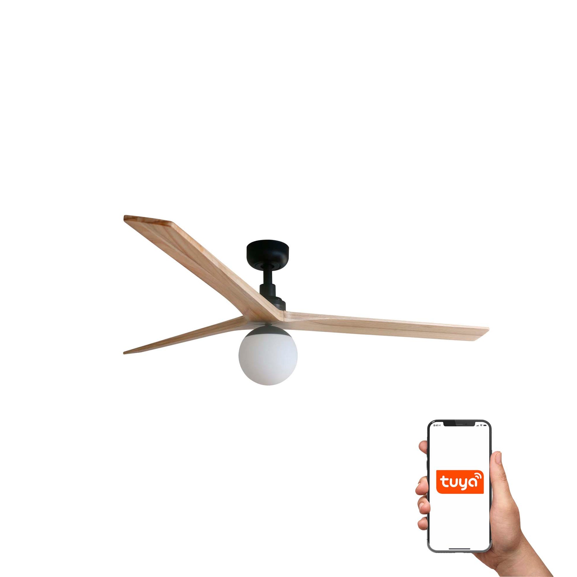 Ventilador de techo FARO KLIM L negro y madera roble con sistema TUYA