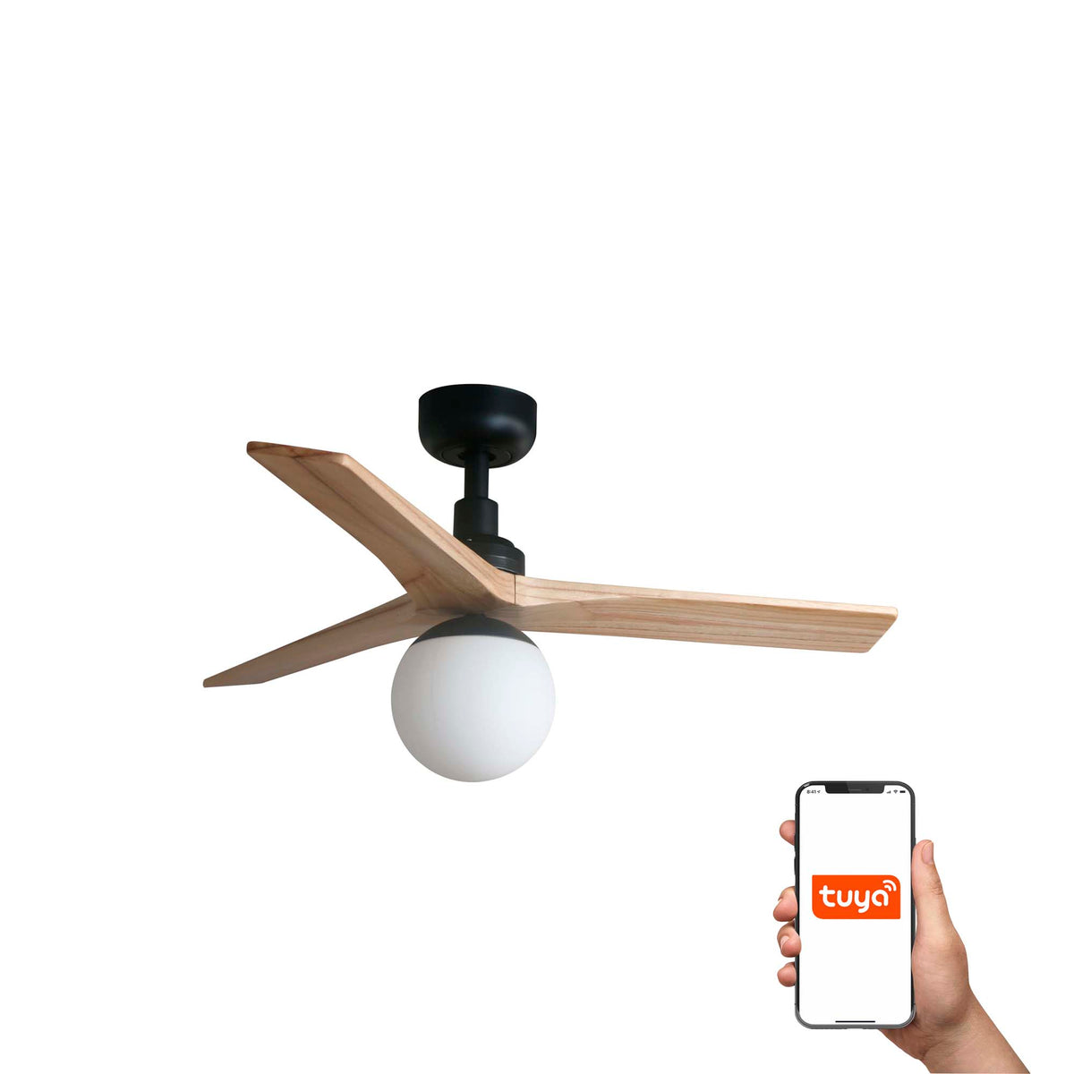 Ventilador de techo KLIM S negro/pino FARO con luz E27 y sistema TUYA