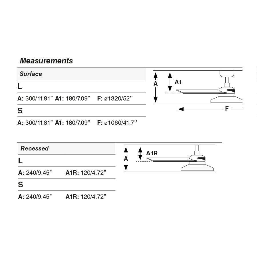 Plano con medidas de Ventilador de Techo Empotrado Rudder S 106 cm FARO - Blanco/Fresno, TAK 2700K, Mando a distancia · Ref. 34295R2W