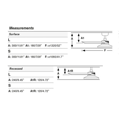 Plano con medidas de Ventilador de Techo Empotrado Rudder S 106 cm FARO - Blanco/Fresno, TAK 2700K, Mando a distancia · Ref. 34295R2W