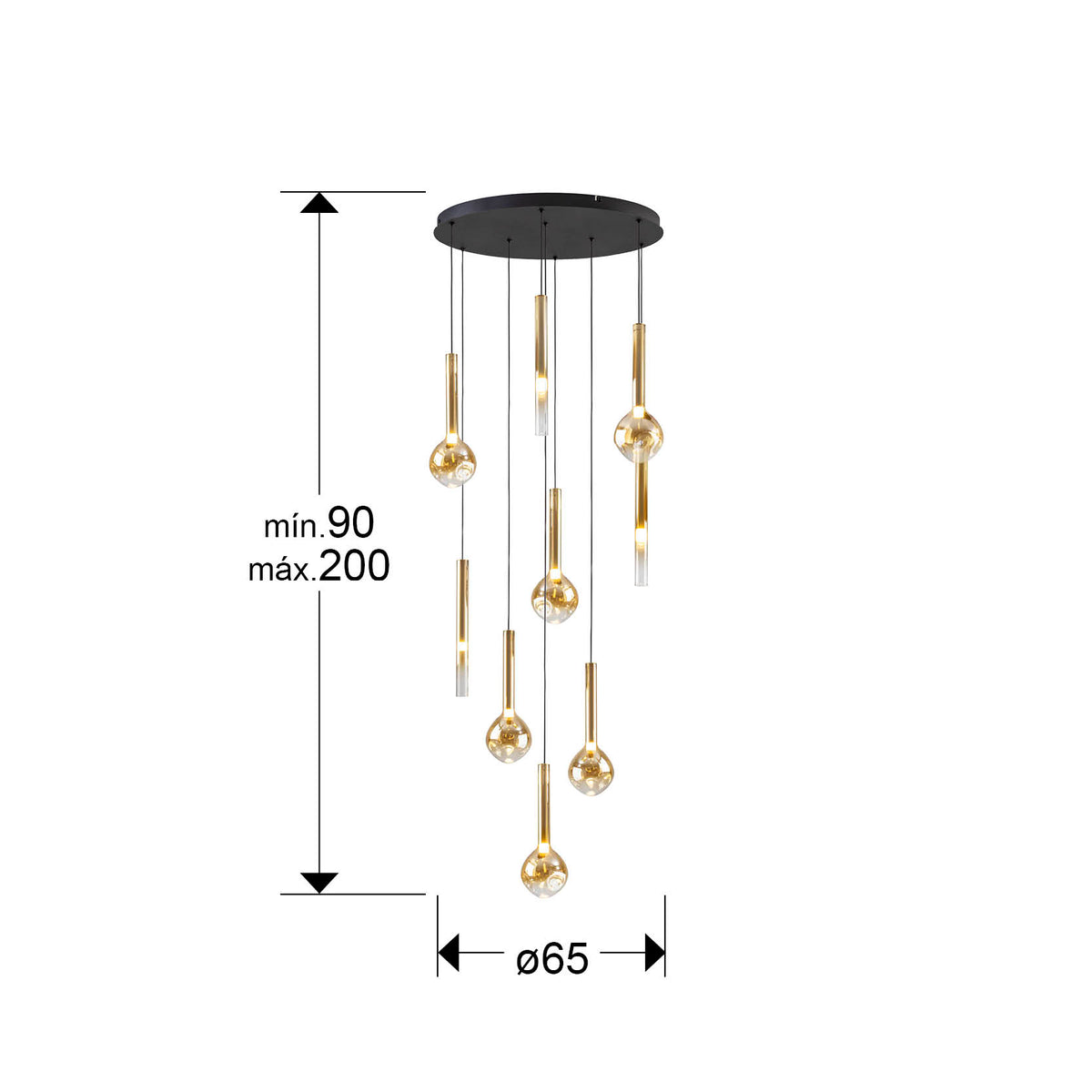Plano con medidas de Lámpara Colgante Essenza 9 Luces LED Negra y Dorada Schuller · Ref. 347181