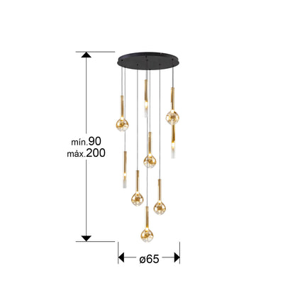 Plano con medidas de Lámpara Colgante Essenza 9 Luces LED Negra y Dorada Schuller · Ref. 347181
