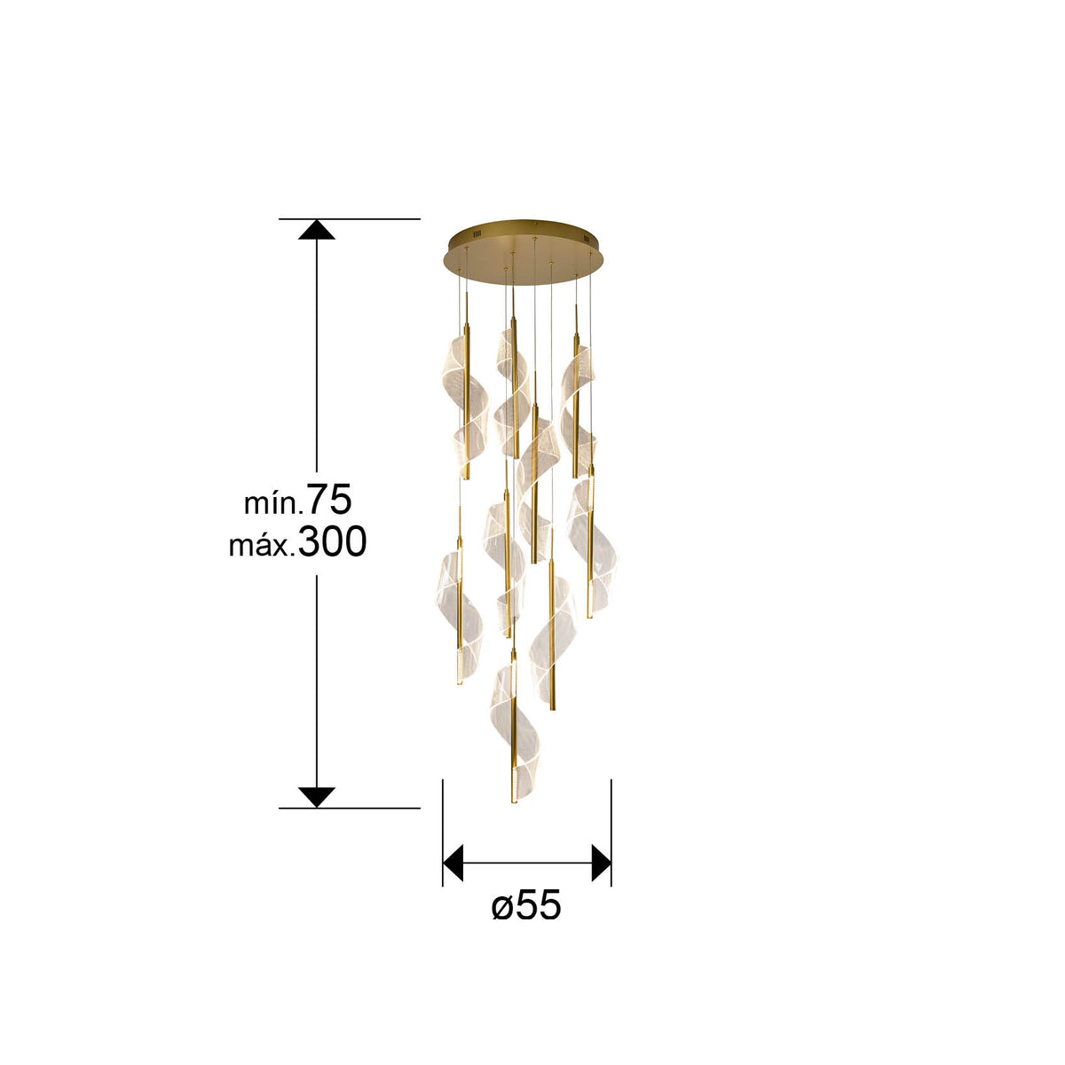 Plano con medidas de Lámpara Colgante Velas 9 Luces LED Oro Mate Dimable Schuller