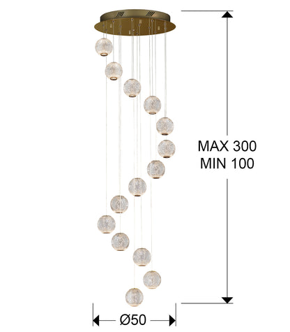 Plano con medidas de Lámpara Colgante LED Austral 14 Luces 69W Oro Ø50 Schuller · Ref. 354318