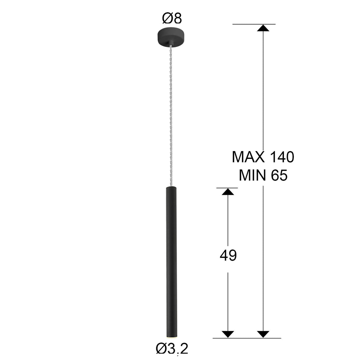 Plano con medidas de Lámpara Colgante LED Varas 5W Negro Mate Schuller · Ref. 373067