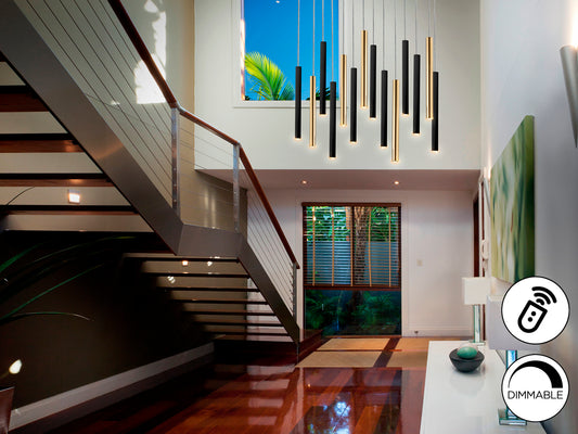 Lámpara Colgante LED Varas 14 Luces Oro y Negro Schuller en ambiente decorado | Schuller