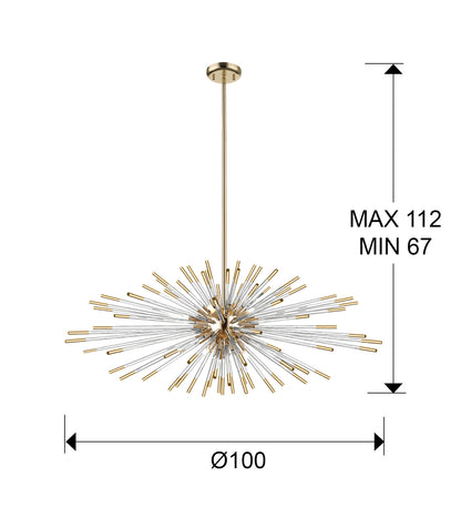 Plano con medidas de Lámpara Colgante Evasión 9L Oro Brillo y Cristal Ámbar Schuller · Ref. 381635