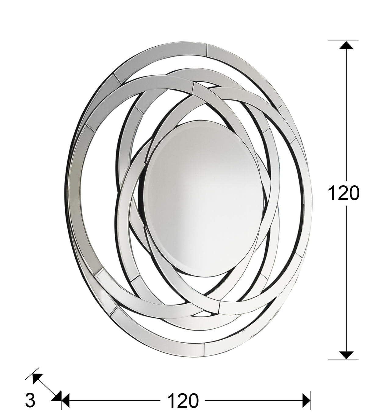 Plano con medidas de Espejo de Pared Decorativo Aros Ø120 cm Biselado Plata Schuller