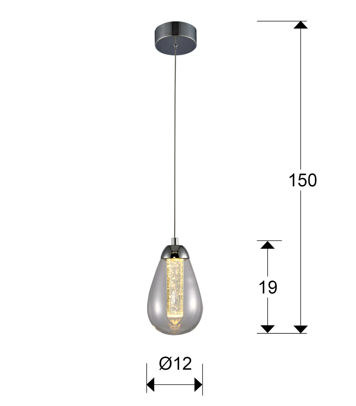 Plano con medidas de Lámpara Colgante LED Taccia Ø12 cm Cromo y Cristal Schuller