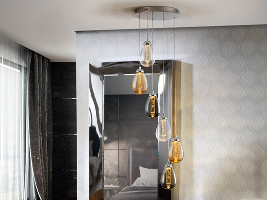 Lámpara Colgante Taccia 6L LED Cromo y Cristal Ámbar Schuller en ambiente decorado | Schuller