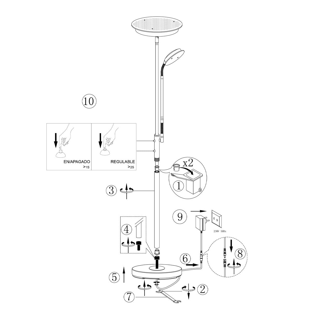 Vista superior del cabezal orientable del pie de salón LED Daya Alemar