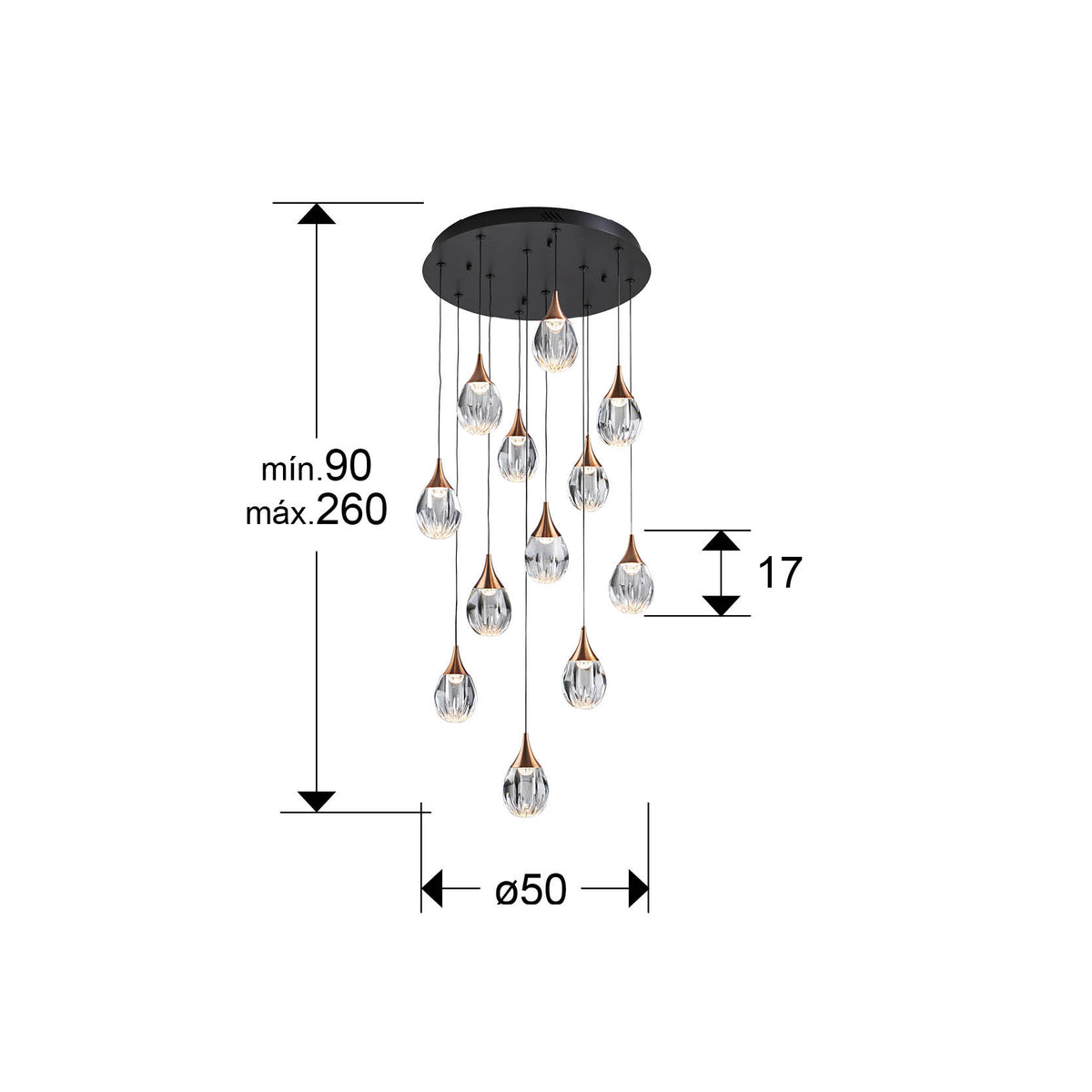 Plano con medidas de Lámpara Colgante Corina 12 Luces LED Negra y Cobre Schuller · Ref. 403894