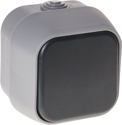 Interruptor bipolar Bert IP54 Gris 7x7x5 cm de Fabrilamp. Resistente al agua y polvo, ideal para interiores y exteriores.