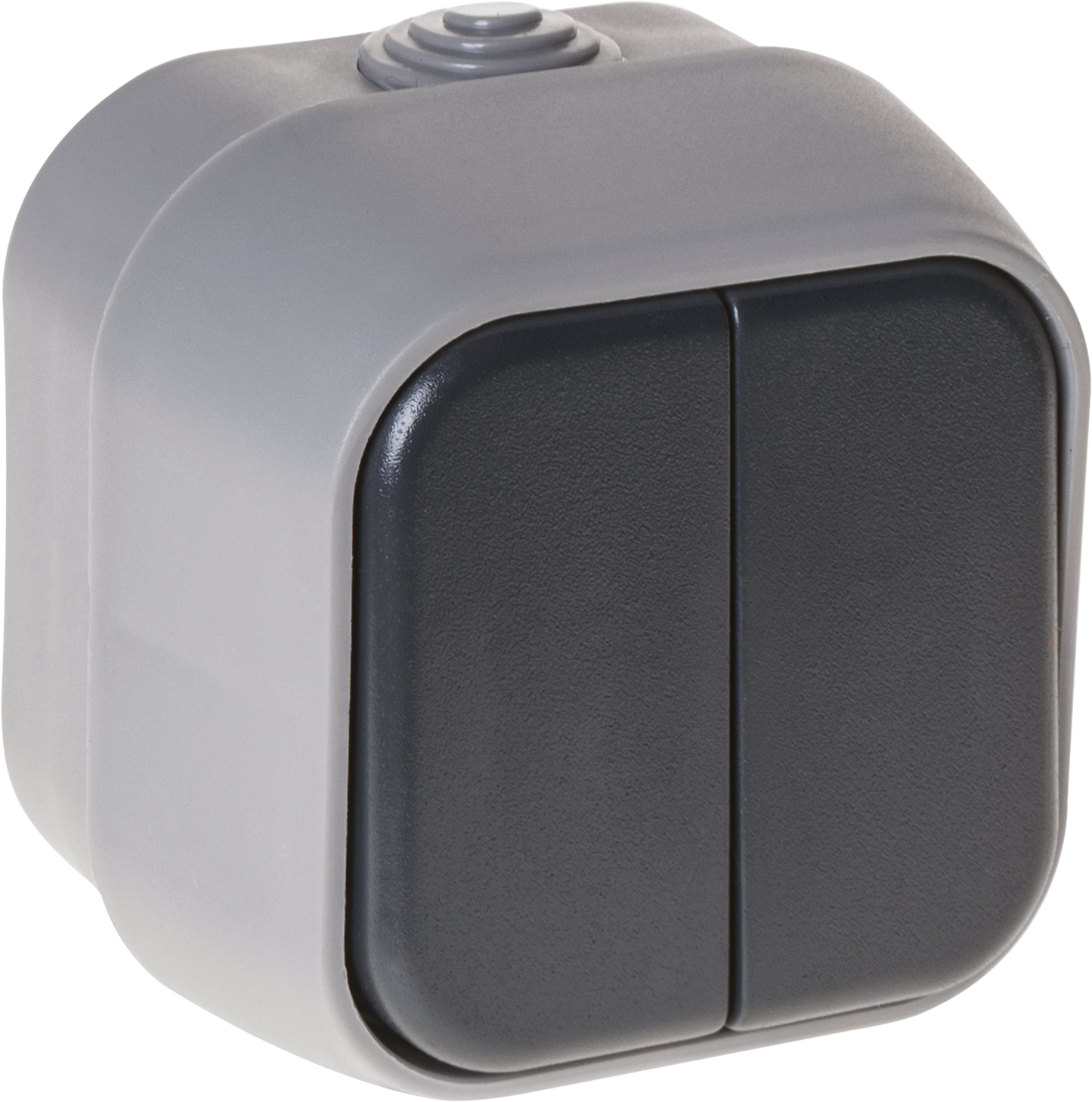 Interruptor Doble Bert IP54 Gris 7x7x5cm de Fabrilamp, vista frontal.