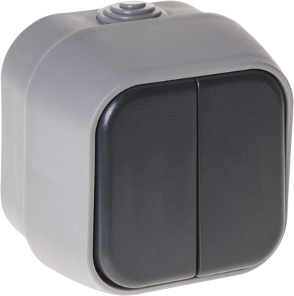 Interruptor Doble Bert IP54 Gris 7x7x5cm de Fabrilamp, vista frontal.