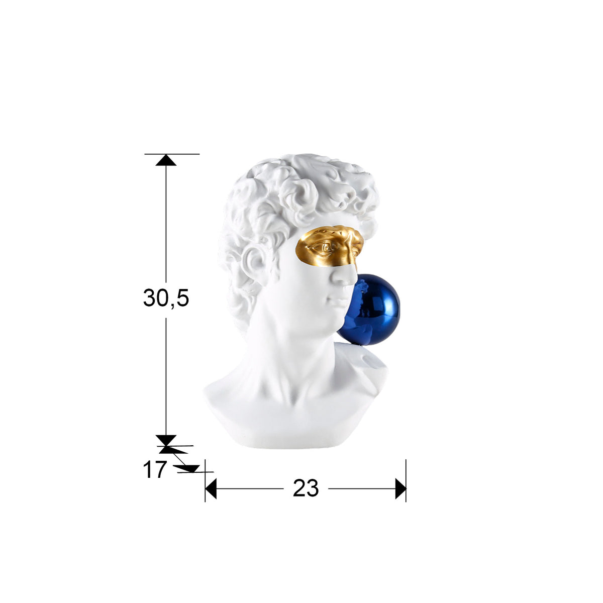 Plano con medidas de Busto Decorativo David 30,5 cm Resina Blanco con Oro y Azul Schuller