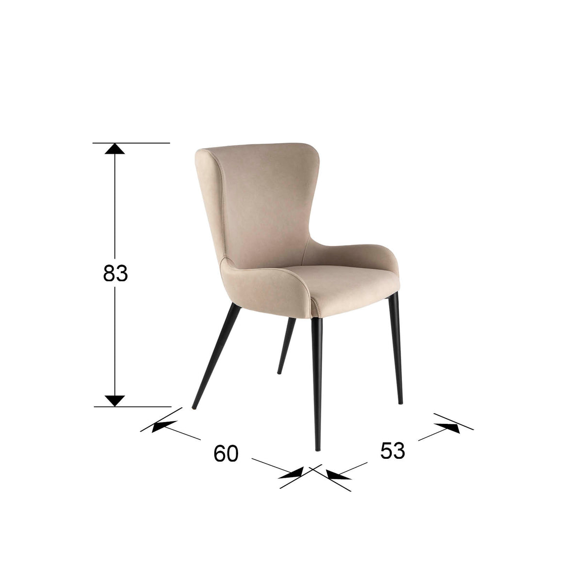 Plano con medidas de Silla Telma Beige con Estructura Negra Mate Schuller