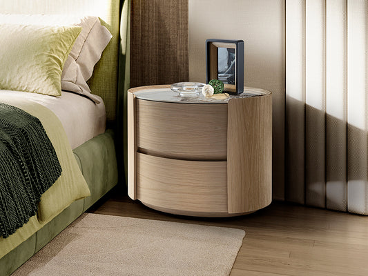 Mesita de Noche Ovalada Enoc 60 cm Roble Claro y Mármol Schuller en ambiente decorado | Schuller · Ref. 411622
