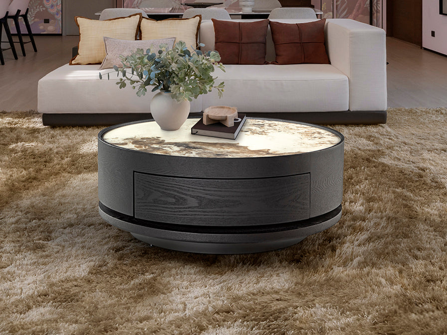 Mesa de Centro Giratoria Iza 80 cm Negro con Cajón Schuller en ambiente decorado | Schuller