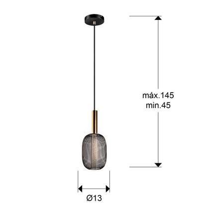Plano con medidas de Lámpara Colgante Micrón 5W LED Oro y Negro Dimable Schuller · Ref. 413510