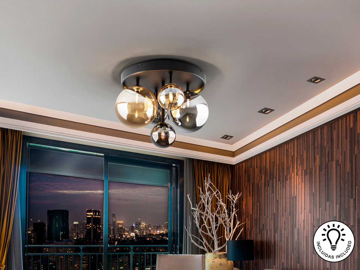 Plafón de Techo Dark 5 Luces Negro y Latón con Tulipas de Cristal Schuller en ambiente decorado | Schuller