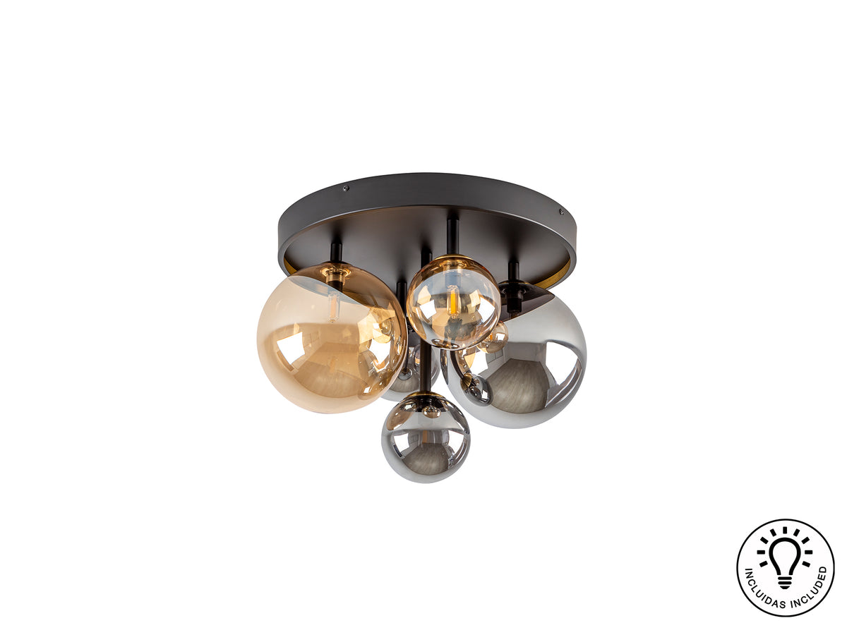 Plafón de Techo Dark 5 Luces Negro y Latón con Tulipas de Cristal Schuller - vista principal | Schuller