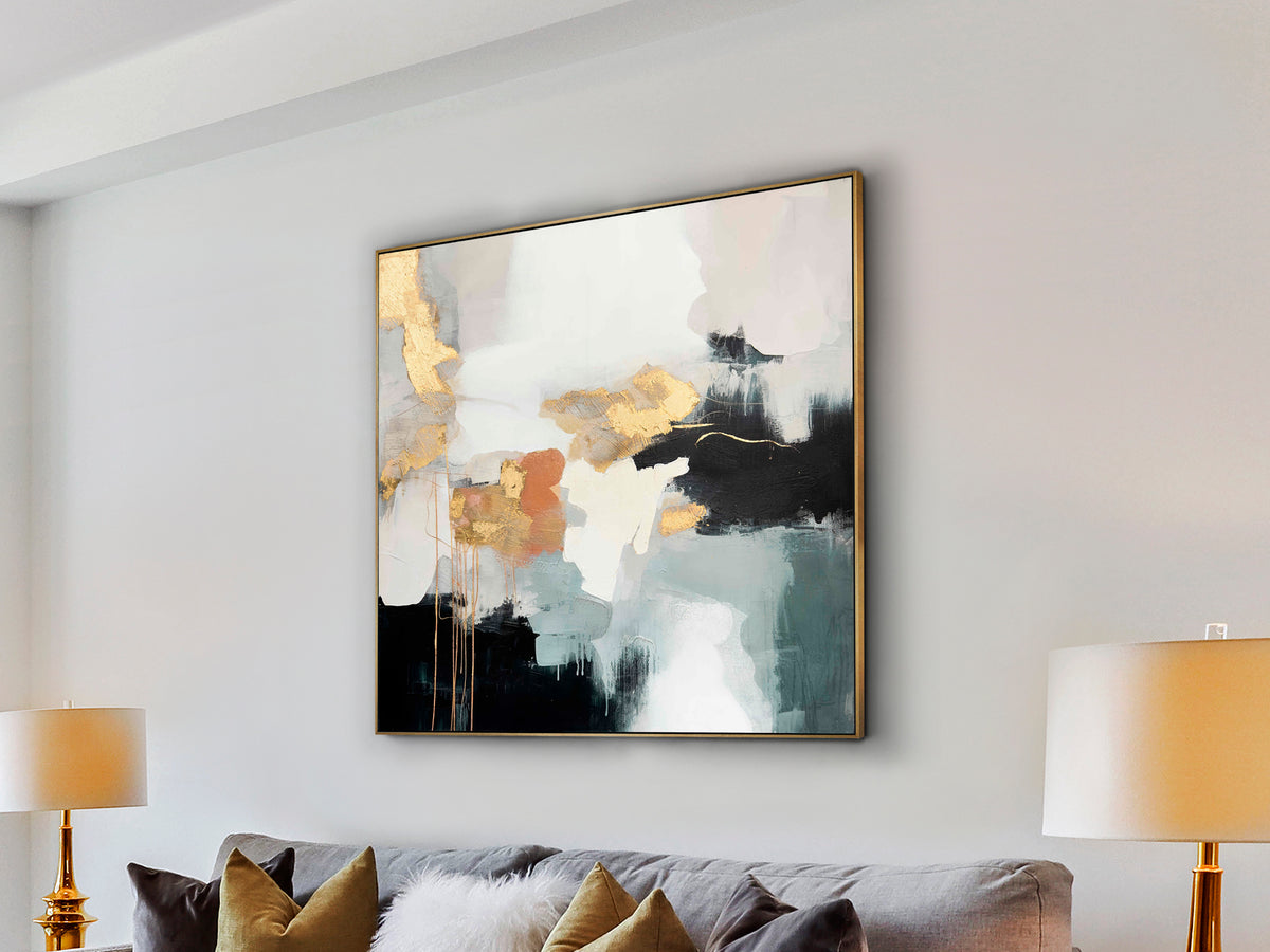Pintura Acrílica Expresión 100x100 cm Detalles Dorados Schuller en ambiente decorado | Schuller