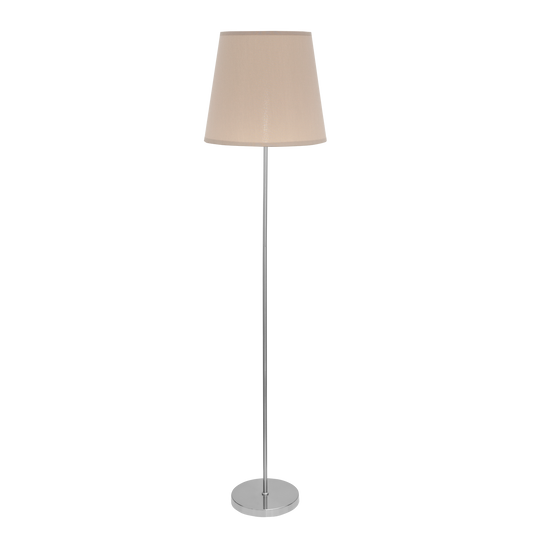 Lámpara de pie Maldivas fabricada en metal color níquel y pantalla textil color piedra
