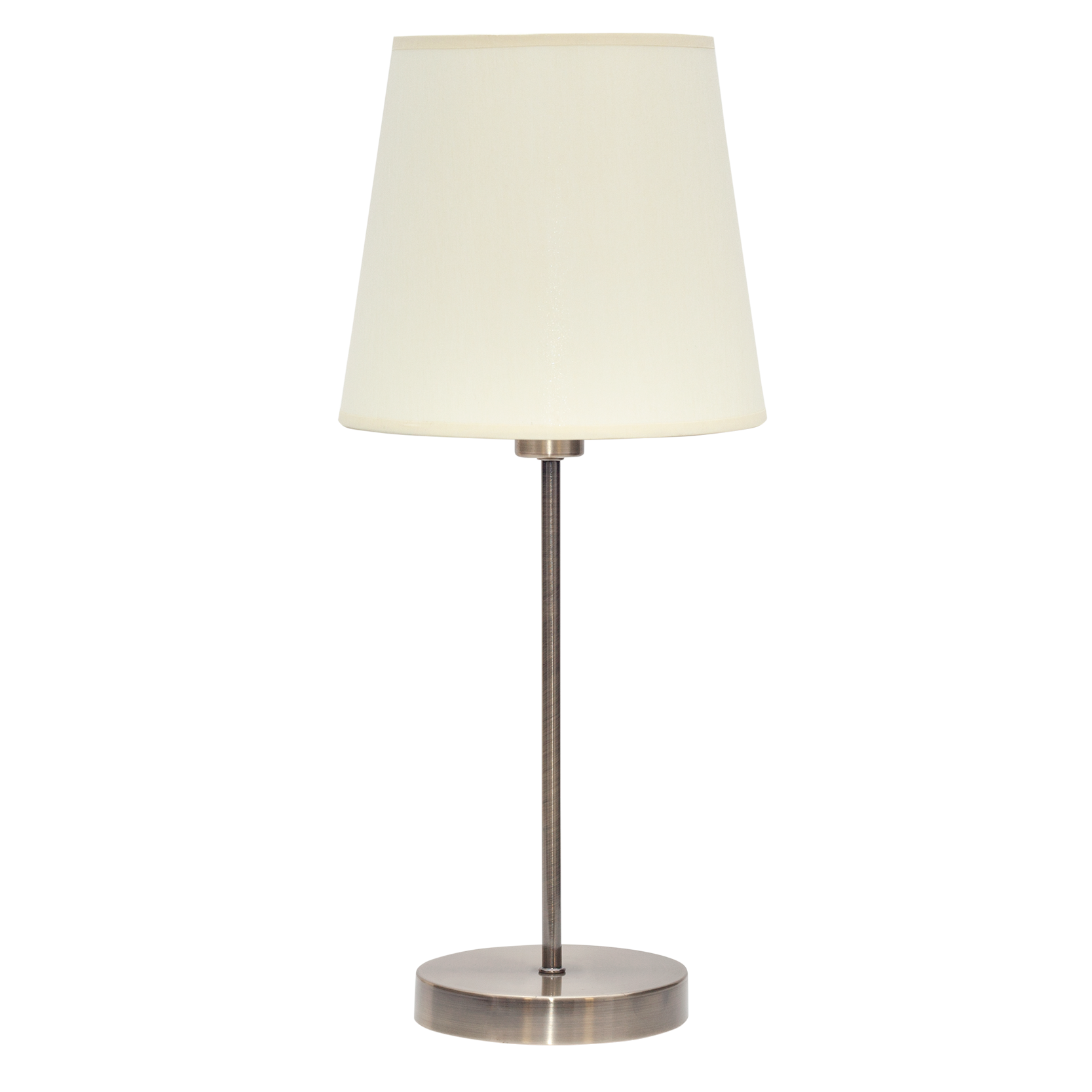 Lámpara Maldivas fabricada en metal color cuero y pantalla textil beige, luz suave