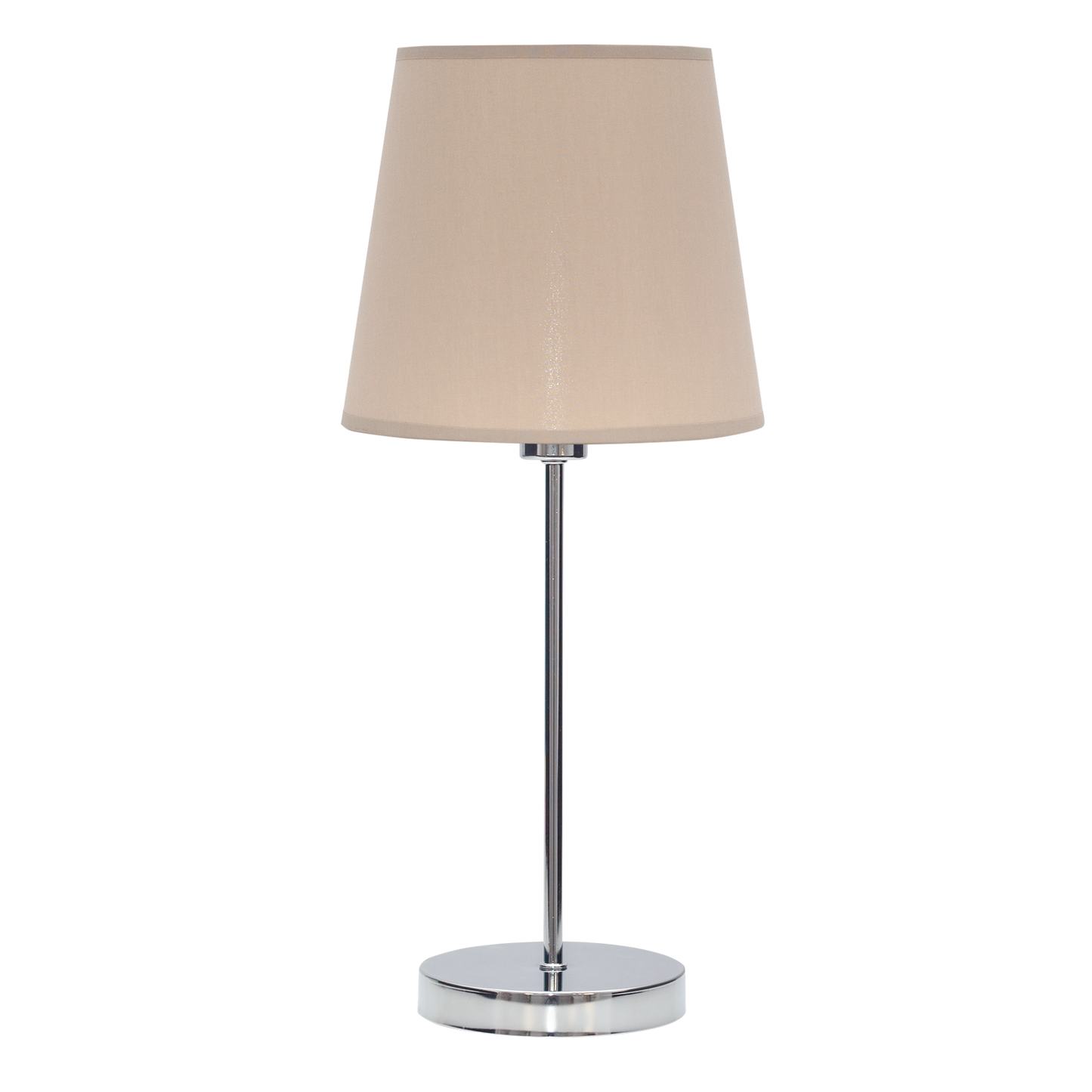 Lámpara Maldivas fabricada en metal color cromo con pantalla textil color piedra, ideal para dormitorio