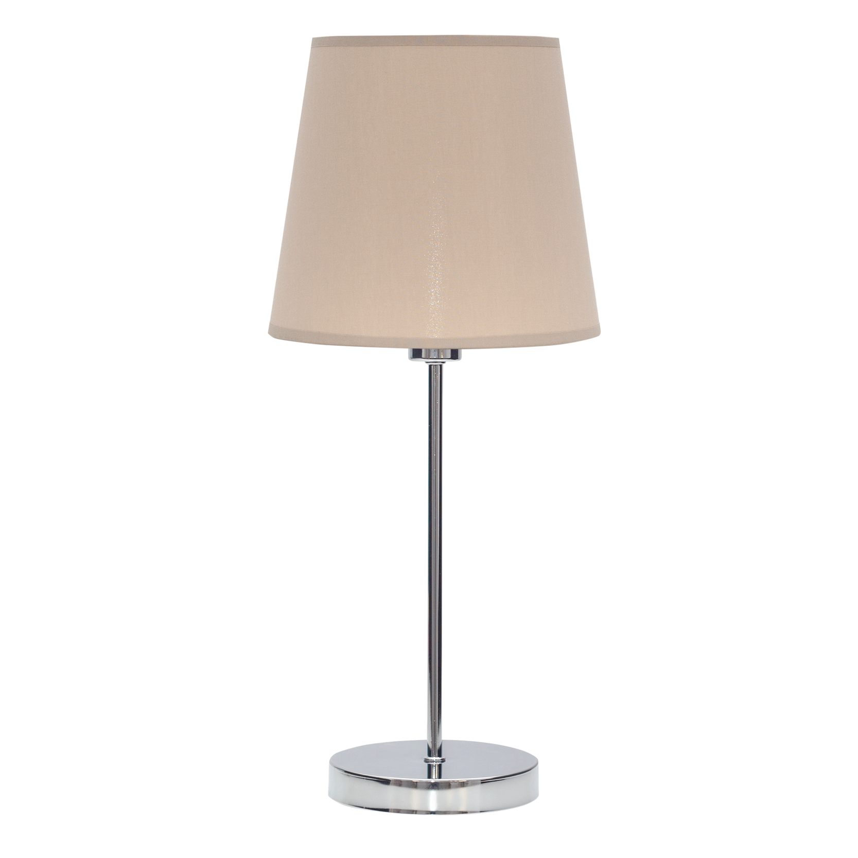 Lámpara Maldivas fabricada en metal color cromo con pantalla textil color piedra, ideal para dormitorio