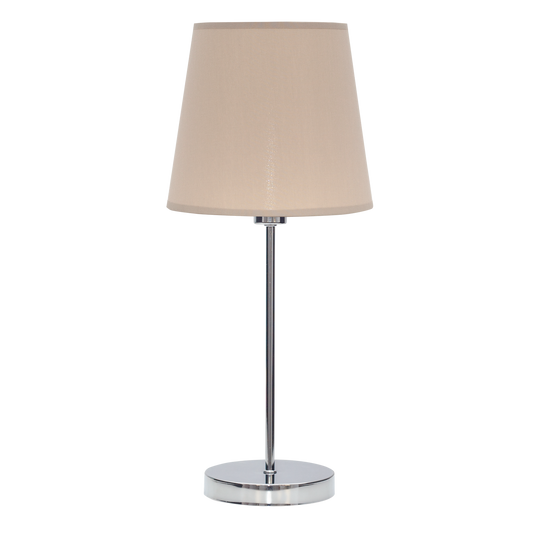 Lámpara Maldivas fabricada en metal color cromo con pantalla textil color piedra, ideal para dormitorio