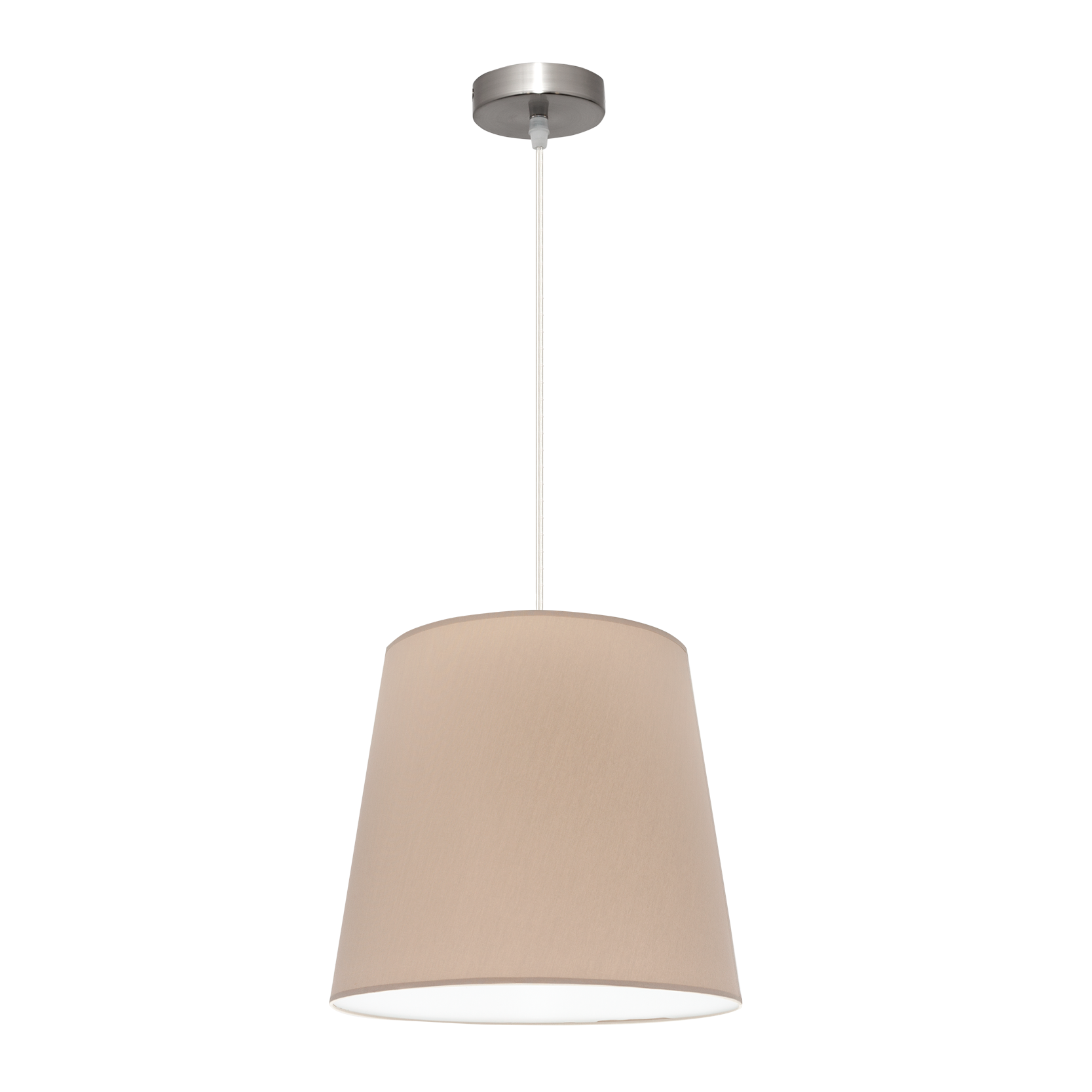 Lámpara colgante Maldivas fabricada en metal color níquel con pantalla textil color piedra