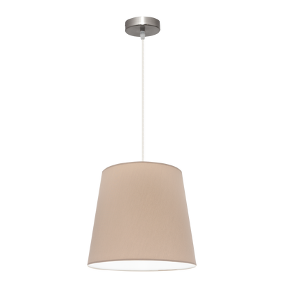 Lámpara colgante Maldivas fabricada en metal color níquel con pantalla textil color piedra